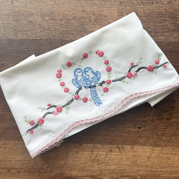 Lovebird Crochet Pillow Case Embroidered Pillow Case Vintage Pillow Case - Picture 2 of 3